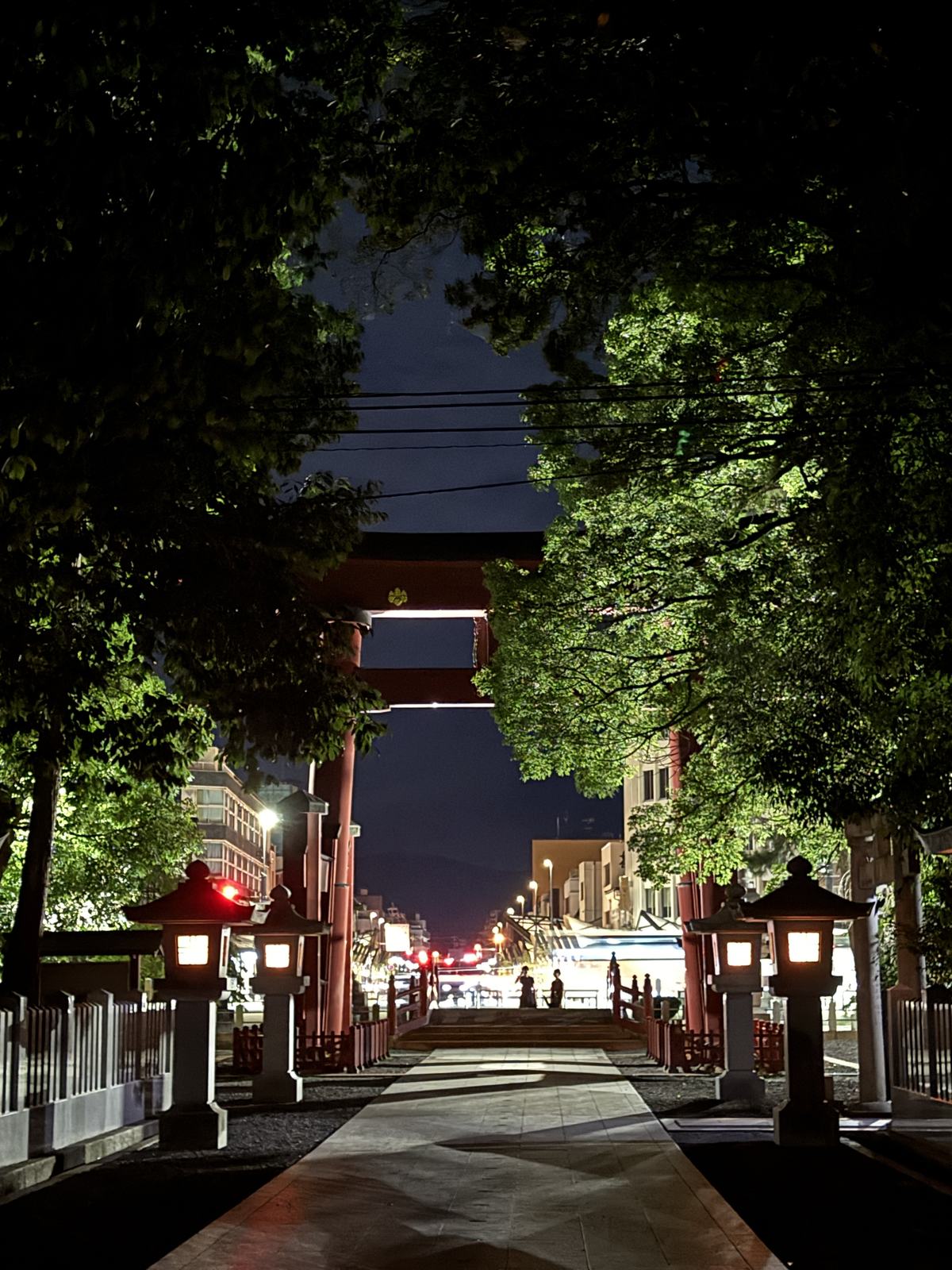 The approach to Kehi Jingu at night, looking out toward the town